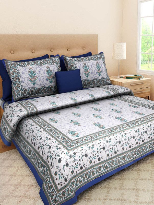 PRAVIK 144 TC Cotton Queen Floral Flat Bedsheet  (Pack of 1, Blue)