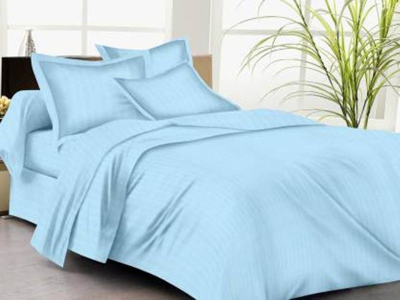 PVR 210 TC Satin, Cotton King Striped Flat Bedsheet  (Pack of 1, Sky Blue)