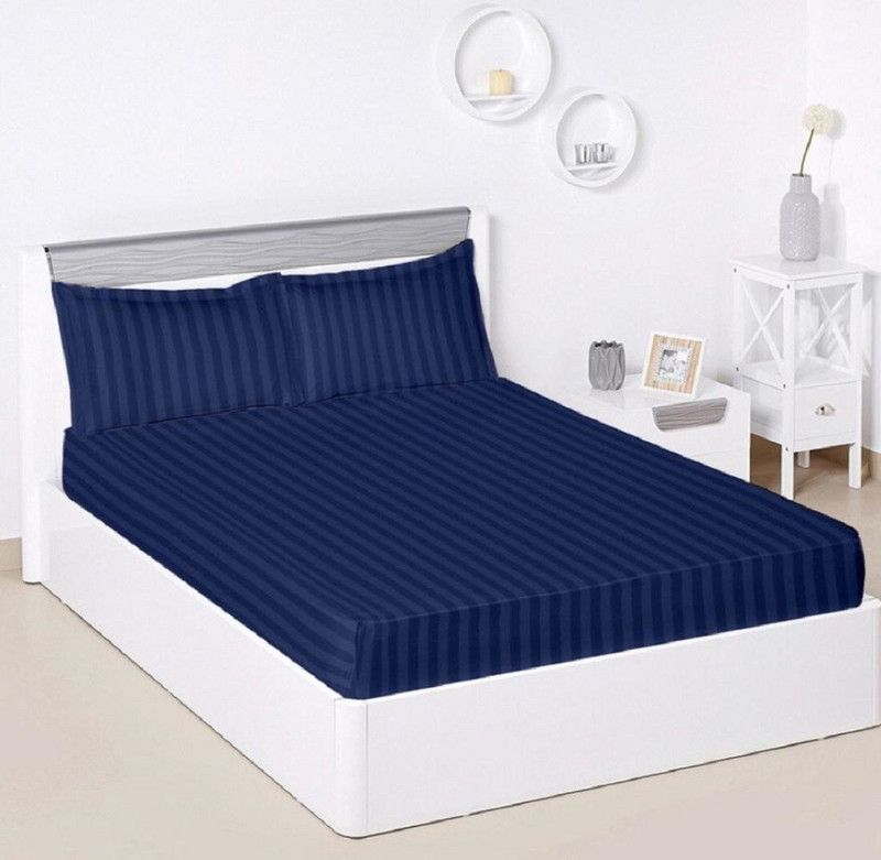 wonder decor 140 TC Satin Double Striped Flat Bedsheet  (Pack of 3, Blue)
