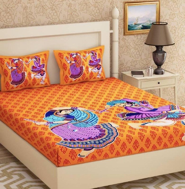 Crayonsfab 144 TC Cotton Queen Printed Flat Bedsheet  (Pack of 1, Orange)