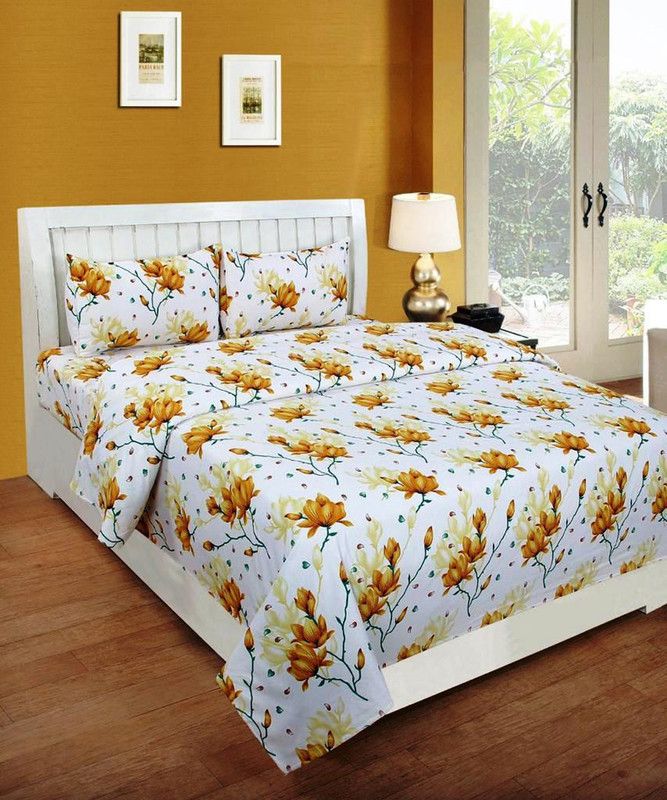 ASPHALTS 180 TC Polyester Queen Floral Flat Bedsheet  (Pack of 1, White,Yellow)