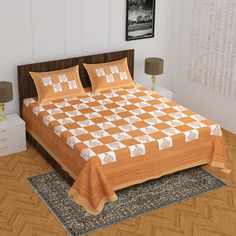 Shivkaran Singh Kushwaha 3 TC Cotton Double Printed Flat Bedsheet  (Pack of 1, ORANGE & WHITE)