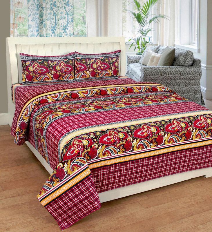 AAZEEM 150 TC Cotton Double Abstract Flat Bedsheet  (Pack of 1, Red)