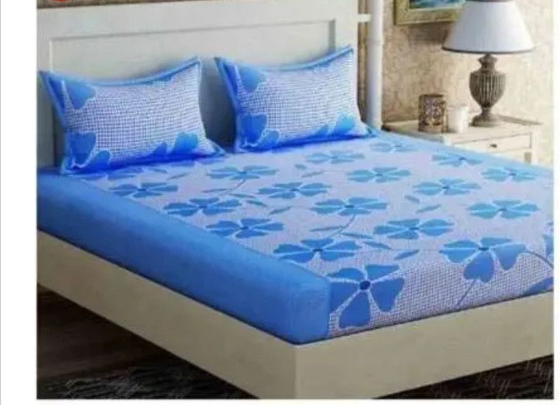 shriraam creations 210 TC Polycotton Double Printed Flat Bedsheet  (Pack of 1, Aqua Flower)