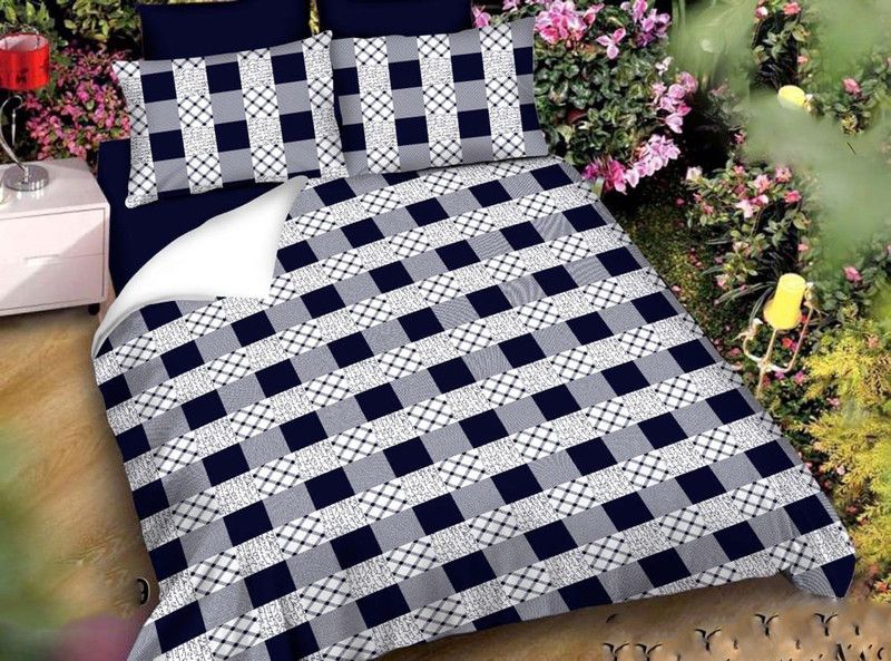 Vivid Home 160 TC Polyester Queen Floral Flat Bedsheet  (Pack of 1, Neavy Blue & White Check)