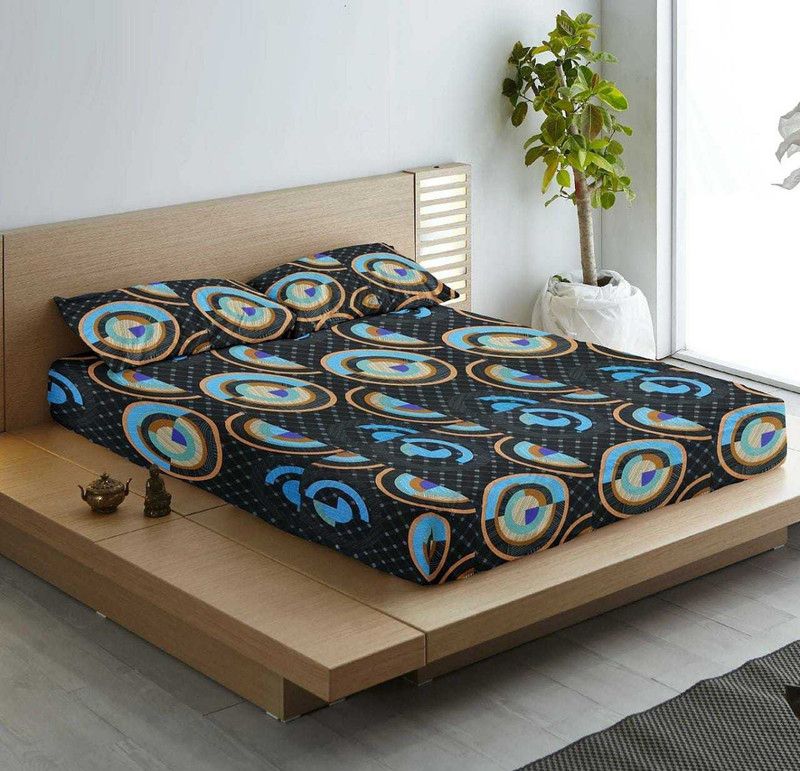 OICHY 144 TC Microfiber Double Printed Fitted (Elastic) Bedsheet  (Pack of 1, Black)