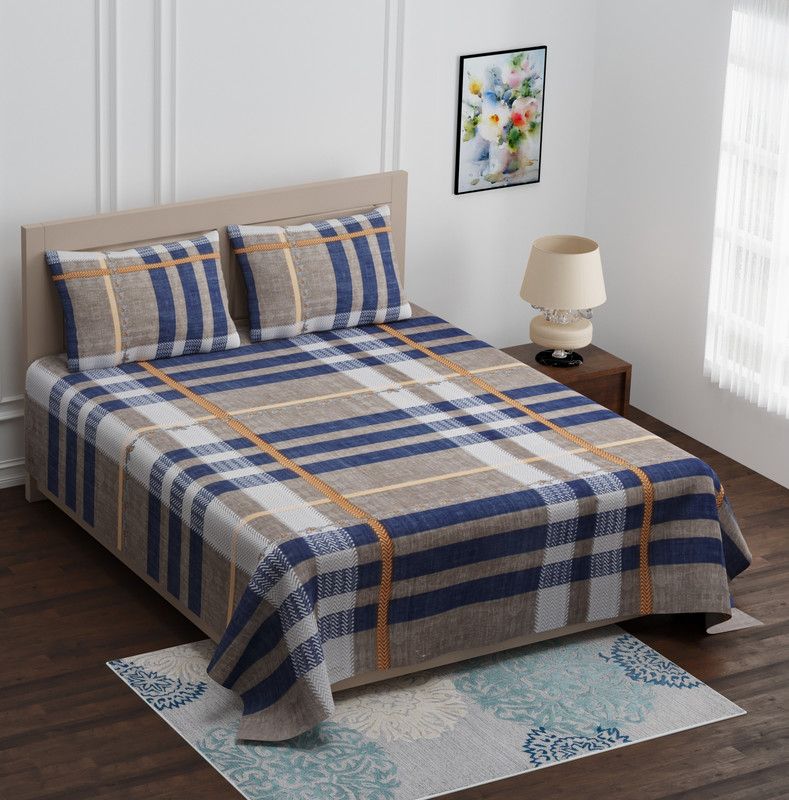 The Graven 200 TC Cotton Double Checkered Flat Bedsheet  (Pack of 1, Blue)