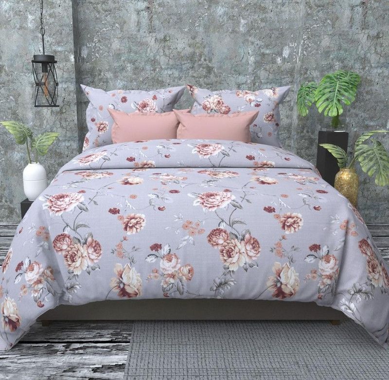 FLOURISHING HOMES 300 TC Cotton Double Printed Flat Bedsheet  (Pack of 1, Light Grey)