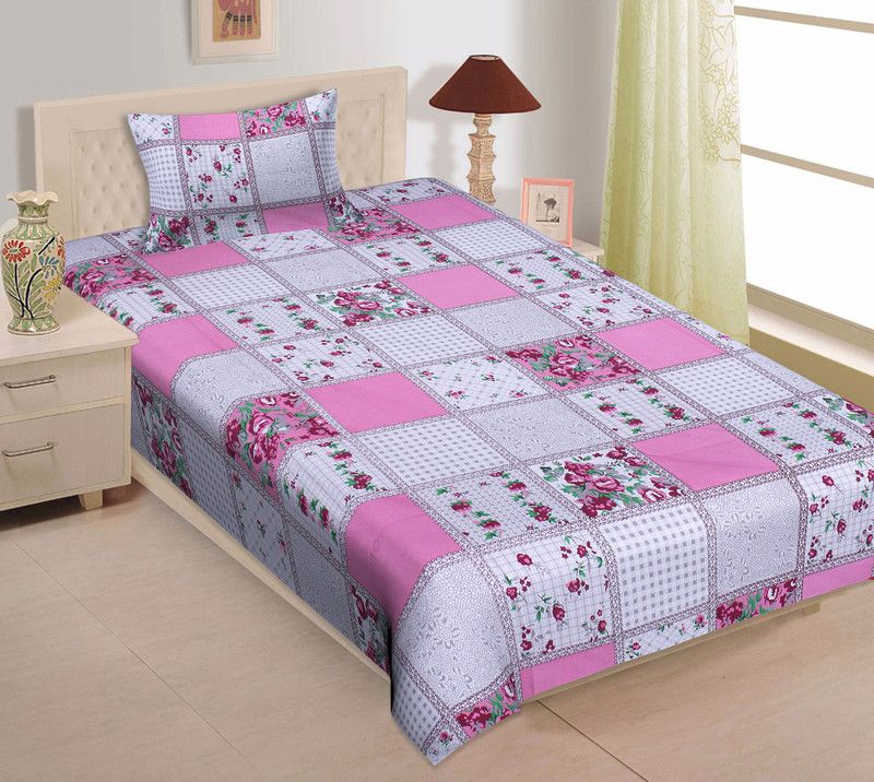 EarlyMart 140 TC Cotton Single Floral Flat Bedsheet  (Pack of 1, Pink)
