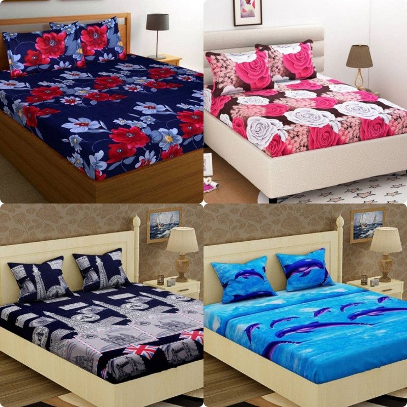 EKANSH FAB 160 TC Microfiber Double Abstract Flat Bedsheet  (Pack of 4, Black)