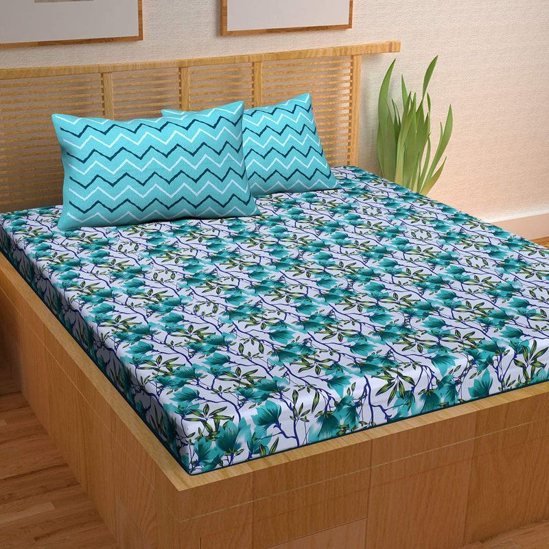 ATHARV CREATIONS 144 TC Cotton Double Floral Flat Bedsheet  (Pack of 1, Blue)