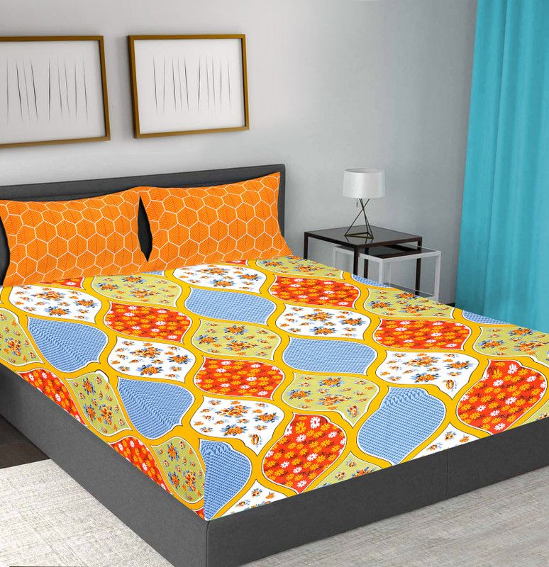 FrionKandy Living 104 TC Cotton Double Floral Flat Bedsheet  (Pack of 1, Orange)