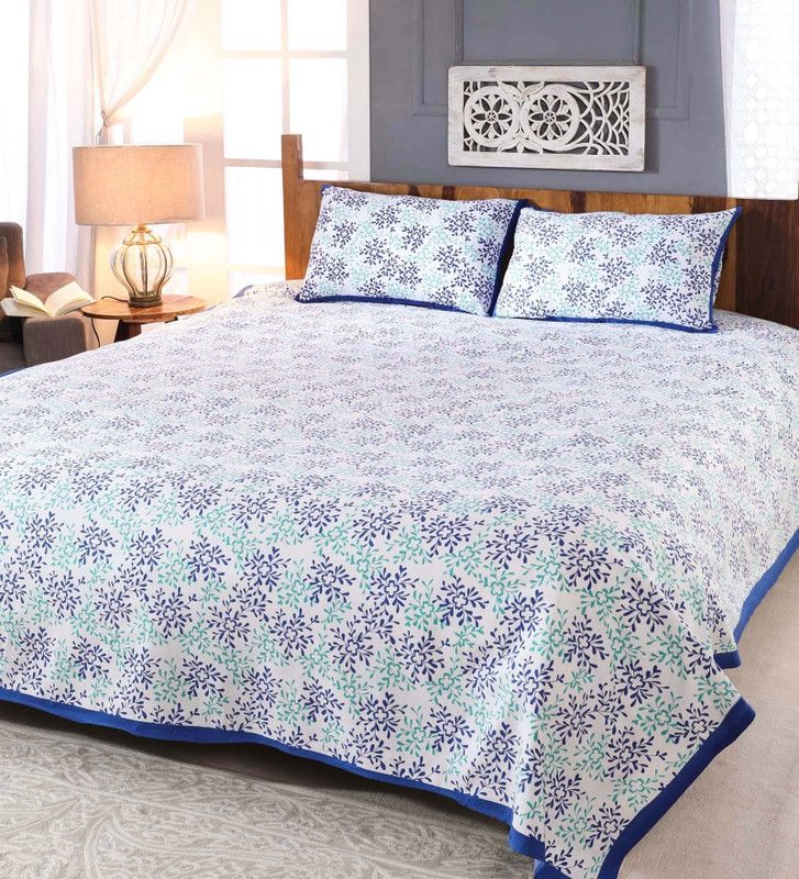 Unique Fashion 160 TC Cotton Double Jaipuri Prints Flat Bedsheet  (Pack of 1, white with blue border)