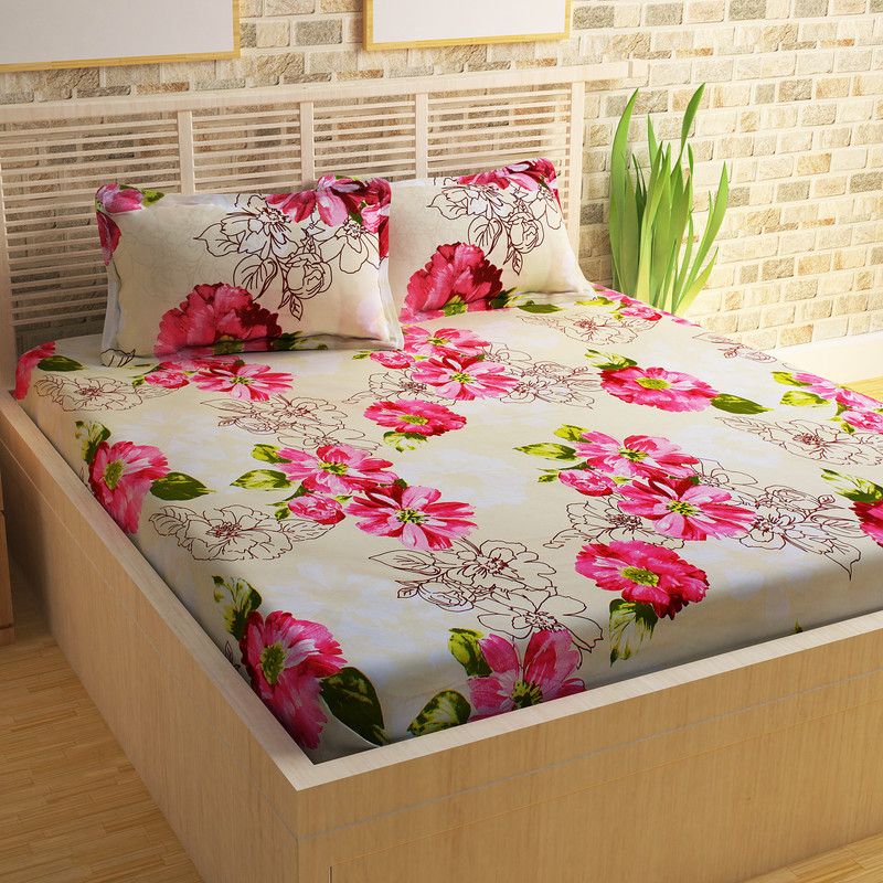 Story@home 240 TC Cotton Double Floral Flat Bedsheet  (Pack of 1, Beige)