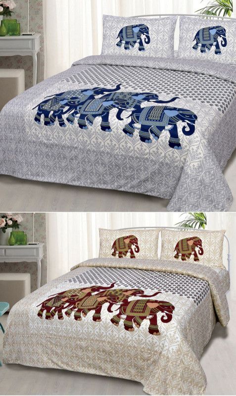 SOMYA GEMS 190 TC Cotton Double Animal Flat Bedsheet  (Pack of 2, Grey, Beige)