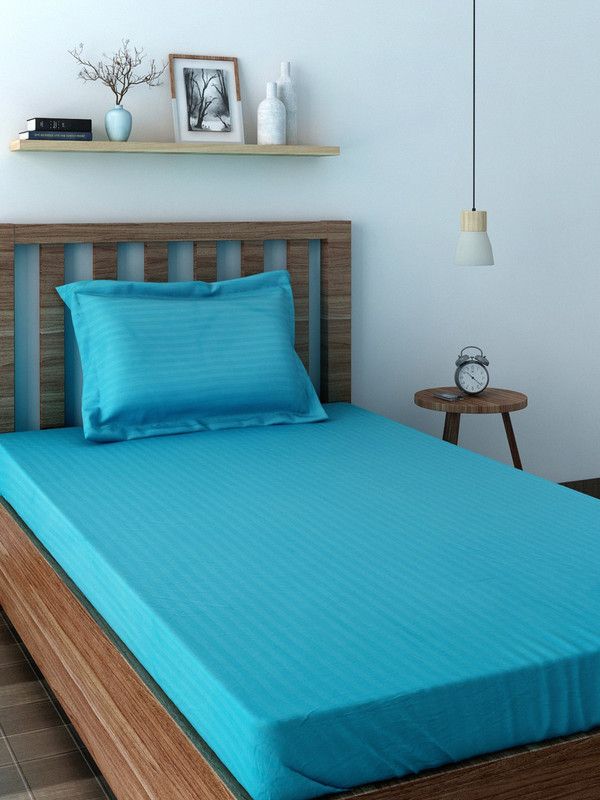 SWAYAM 350 TC Cotton Single Striped Bedsheet  (Pack of 1, Blue)
