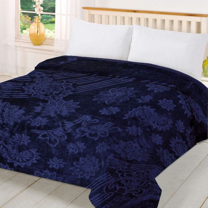 RAASO Floral Double Mink Blanket for Mild Winter  (Microfiber, Navy Blue)
