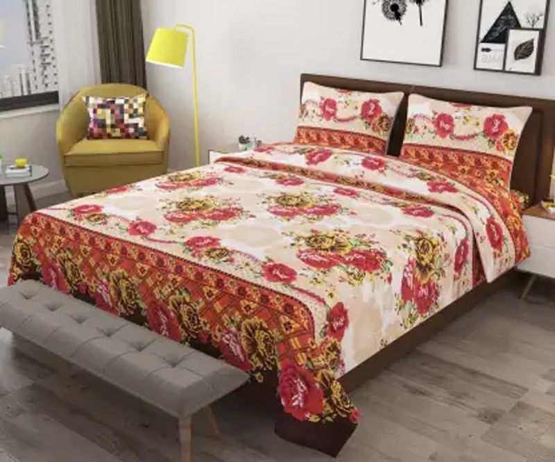 pinklilly 120 TC Polycotton Double Floral Flat Bedsheet  (Pack of 1, Peach)