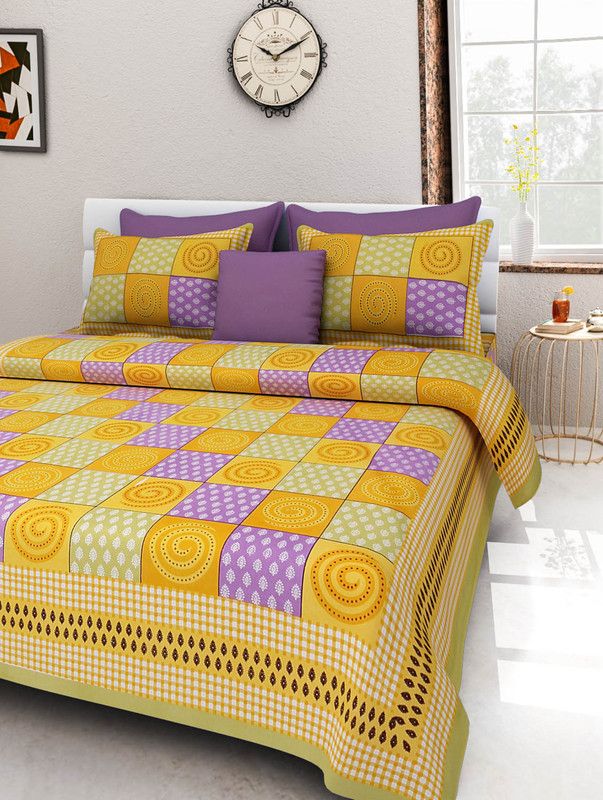 EKATHVA 200 TC Cotton King Checkered Flat Bedsheet  (Pack of 1, Yellow)