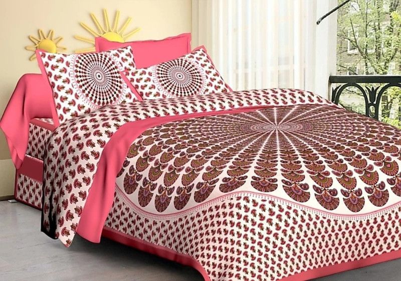 double cotton bed sheet 150 TC Cotton Double Printed Flat Bedsheet  (Pack of 1, Pink)