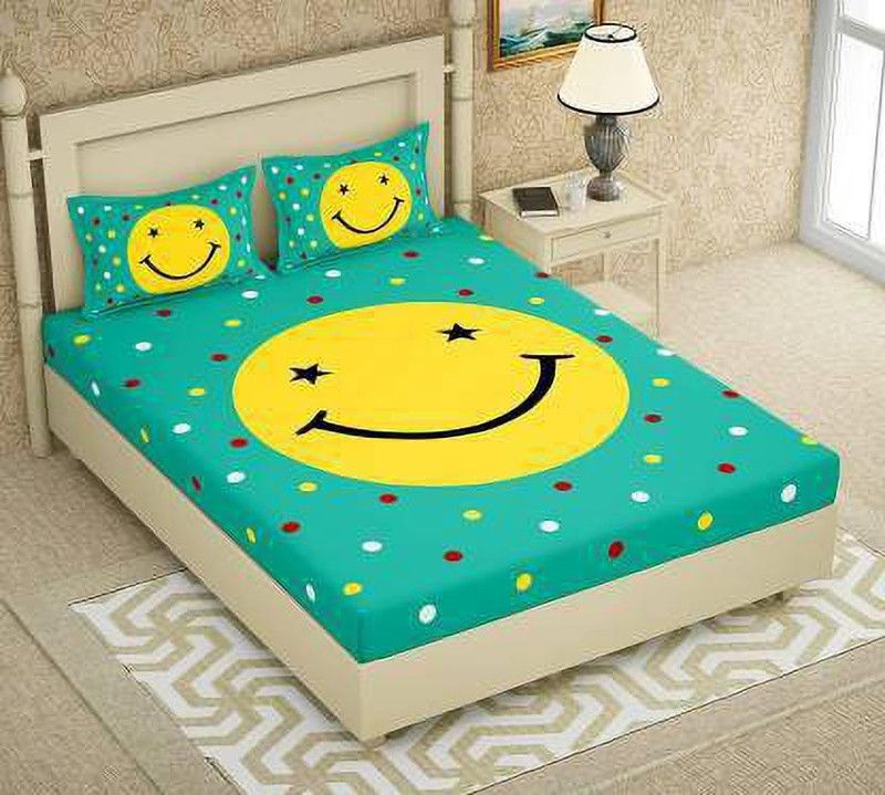 Decolure 140 TC Cotton Queen Cartoon Fitted (Elastic) Bedsheet  (Pack of 1, Green)