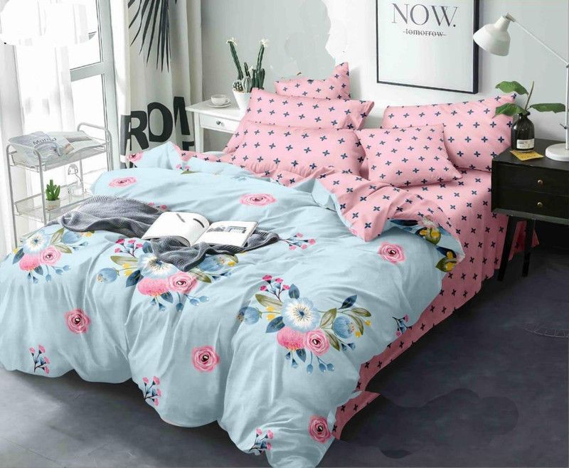 GOEL TEX FAB 120 TC Cotton Queen Floral Flat Bedsheet  (Pack of 1, SKY)