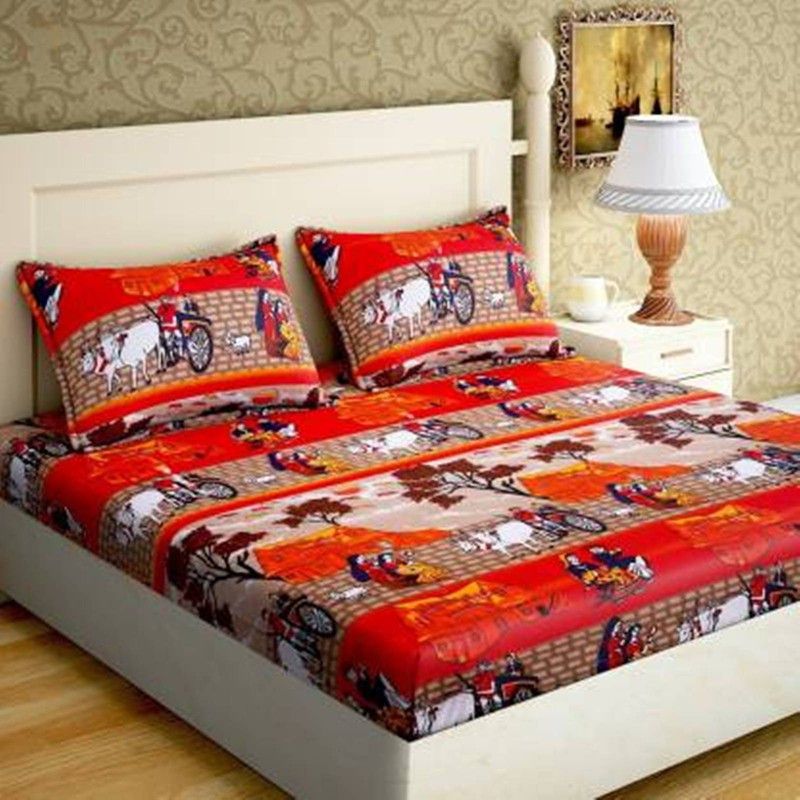 KRISHNA 180 TC Polycotton Double 3D Printed Flat Bedsheet  (Pack of 1, Orange)