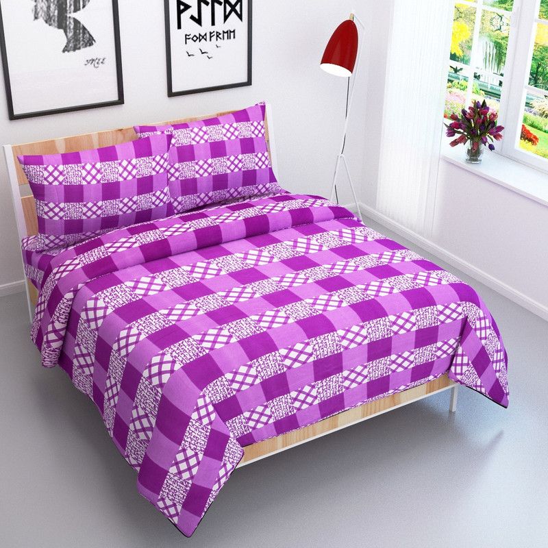 NC CREATIONS 144 TC Polycotton Double Printed Fitted & Flat Bedsheet  (Pack of 1, Purple)