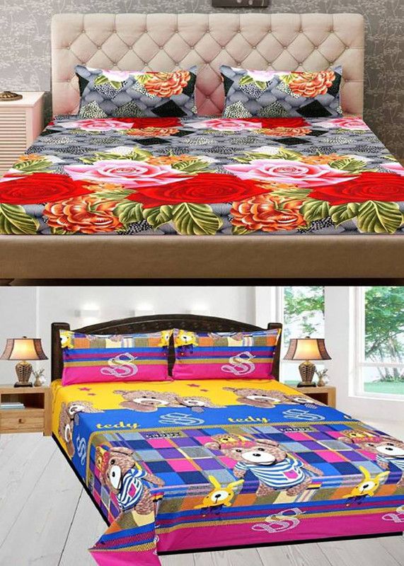 Swiss Hub 120 TC Cotton Double Floral Flat Bedsheet  (Pack of 2, Multicolor)