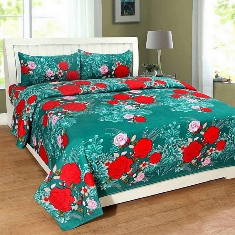 KIDSCOLLECTIONS 140 TC Microfiber Double Self Design Flat Bedsheet  (Pack of 1, Green)