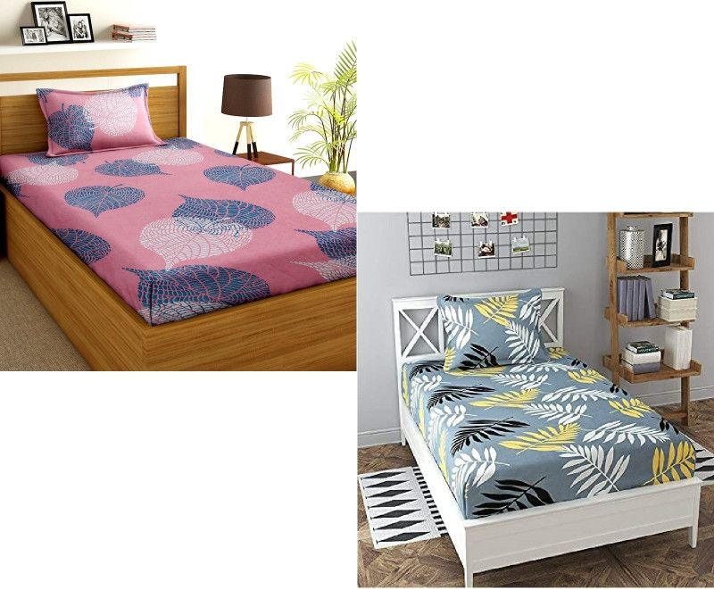 VHD 210 TC Cotton Single Printed Flat Bedsheet  (Pack of 2, Multicolor)