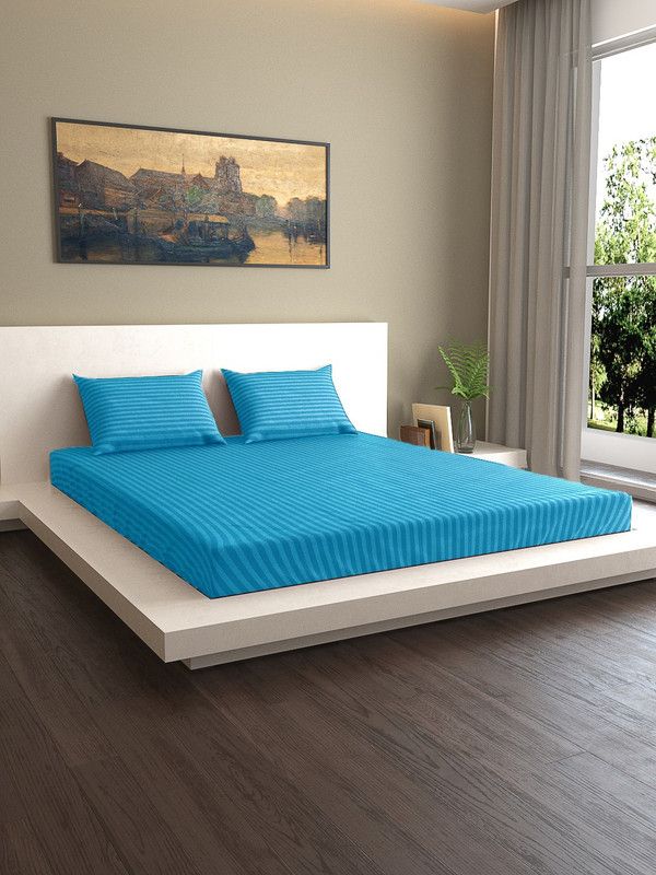 Mark Home 210 TC Cotton Double Striped Flat Bedsheet  (Pack of 1, Turquoise Blue)