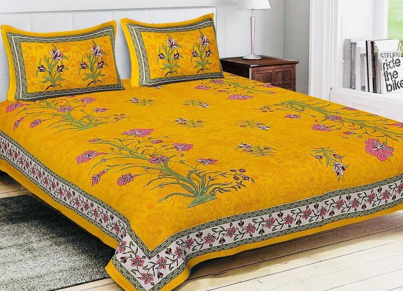 144 TC Cotton Double Animal Bedsheet  (Pack of 1, Mustard)