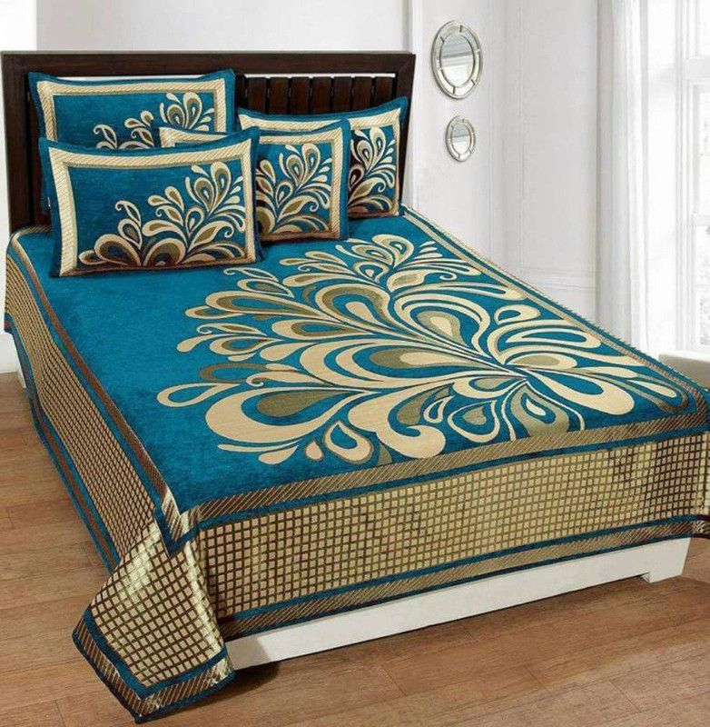 Shreejee Velvet Double Printed Flat Bedsheet  (Pack of 1, Blue)