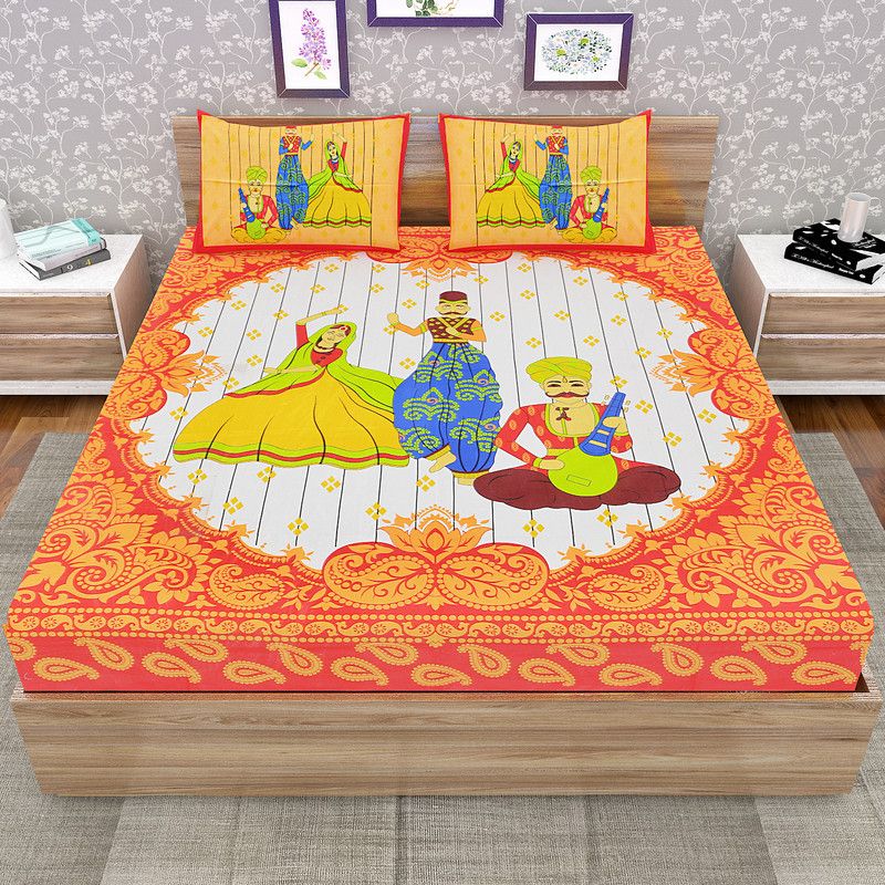 Sadashiva 154 TC Cotton Double Printed Flat Bedsheet  (Pack of 1, Orange)