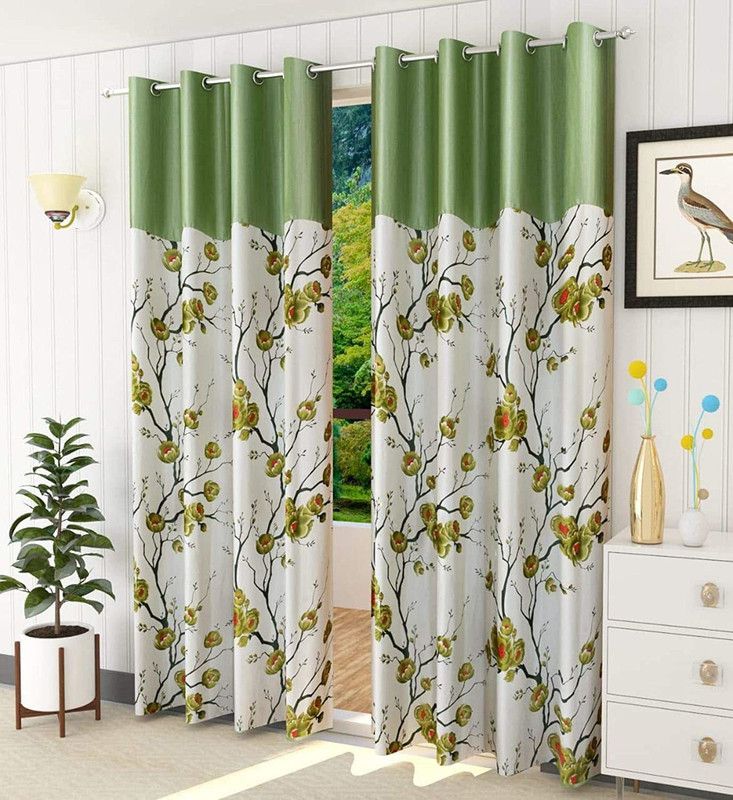 TWIZOR 273 cm (9 ft) Polyester Room Darkening Long Door Curtain (Pack Of 2)  (Floral, Green, White)