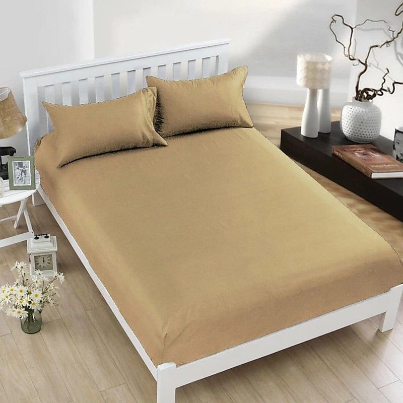 HOMIMPEX 350 TC Satin King Striped Flat Bedsheet  (Pack of 1, Light Brown)