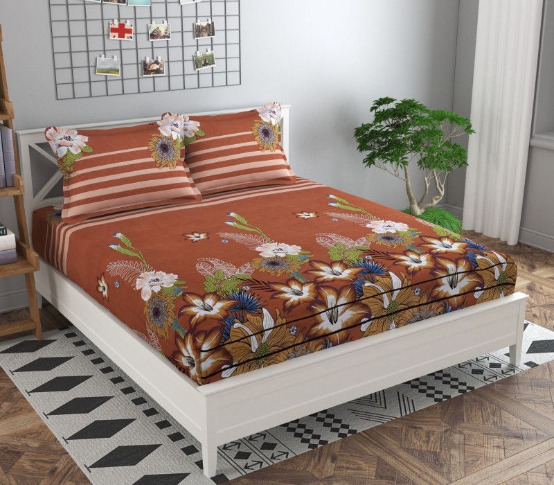 kavya ent 140 TC Polycotton Double Printed Fitted (Elastic) Bedsheet  (Pack of 1, Beige)