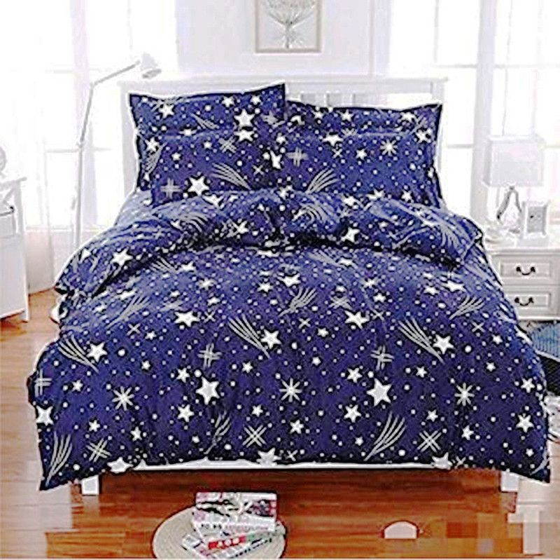 HS CREATIONS 140 TC Polyester Queen Floral Flat Bedsheet  (Pack of 1, Blue & White Stars)