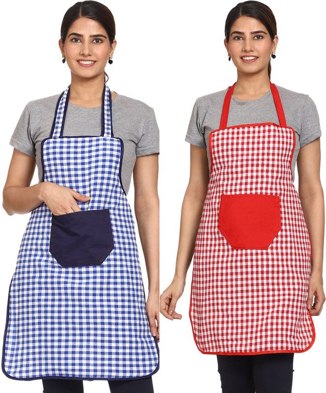 Cotton Chef's Apron - Free Size  (Blue, Red, Pack of 2)