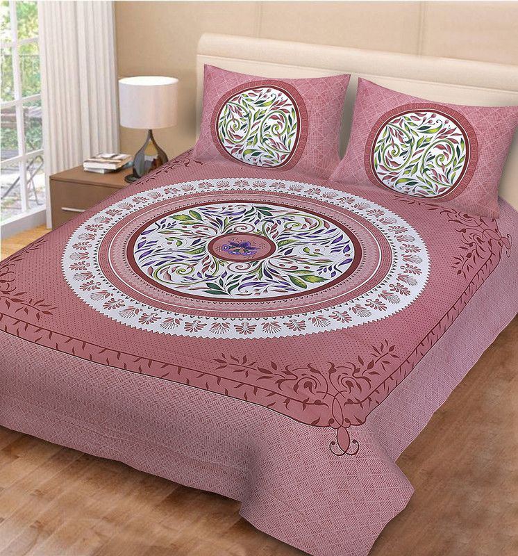 Piroya 160 TC Cotton Double Printed Flat Bedsheet  (Pack of 1, Peach)