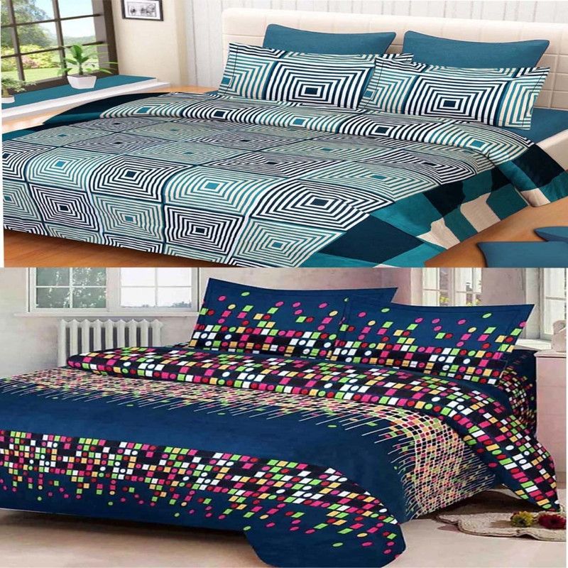 HHH FAB 140 TC Polyester Double Printed Flat Bedsheet  (Pack of 2, Blue)
