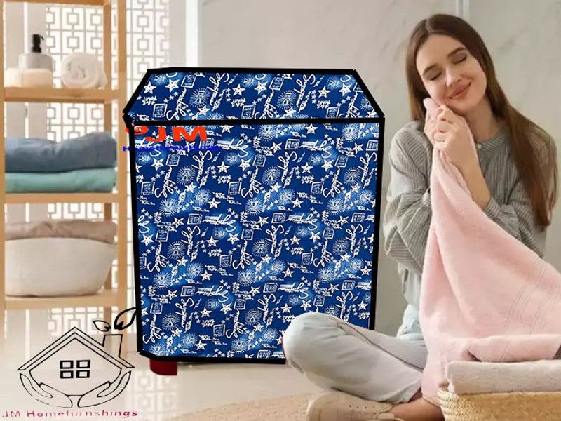 JM Homefurnishings Semi-Automatic Washing Machine Cover  (Width: 84 cm, Blue, White)