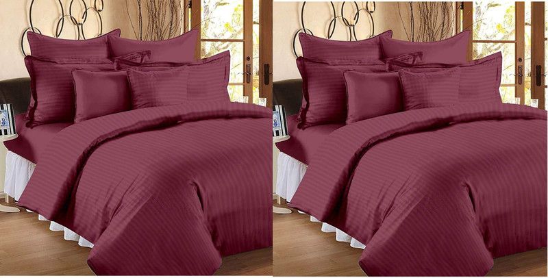 HHH FAB 210 TC Satin Double Striped Flat Bedsheet  (Pack of 2, WINE)