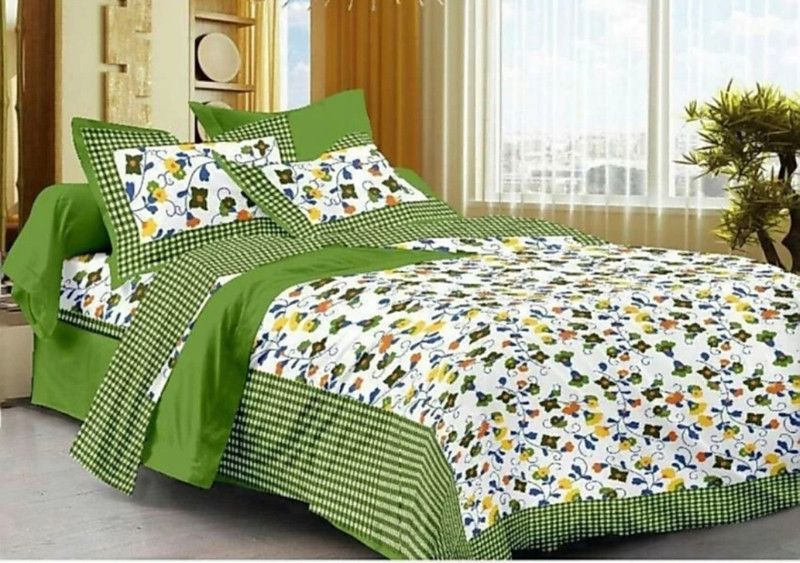 Elma 151 TC Cotton Double Floral Flat Bedsheet  (Pack of 1, Green)