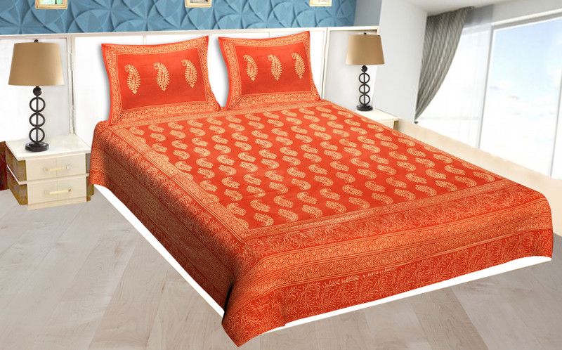 AT2012 200 TC Cotton Double Printed Flat Bedsheet  (Pack of 1, Orange)