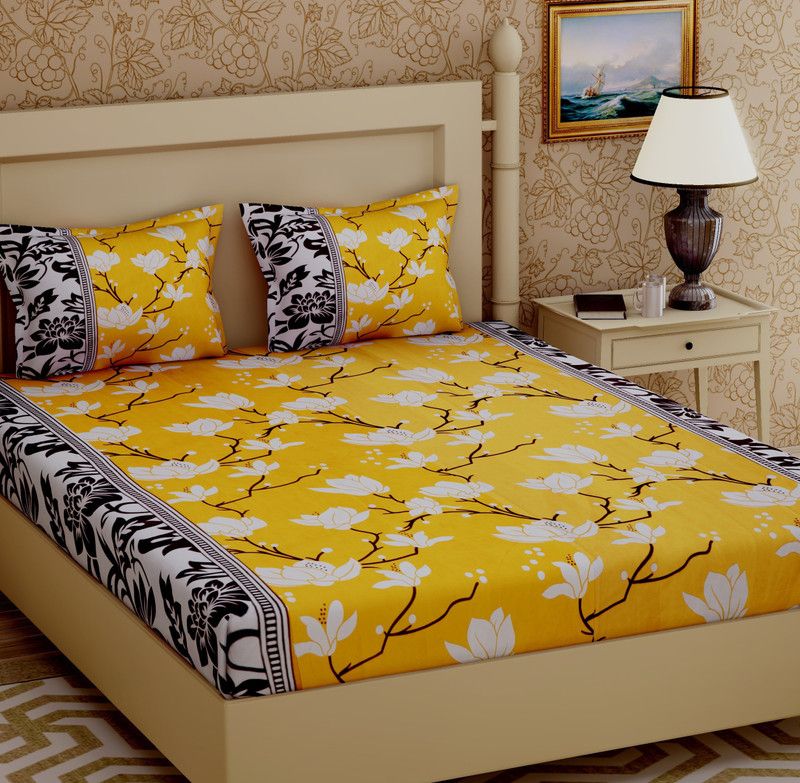 METRO LIVING 144 TC Microfiber Double Floral Flat Bedsheet  (Pack of 1, Yellow)