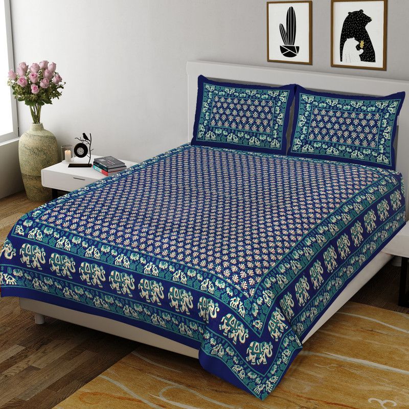 RAJDEVI JAIPUR PRINTS 351 TC Cotton King Printed Flat Bedsheet  (Pack of 1, Blue)