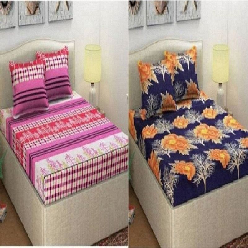 159 TC Polycotton Double 3D Printed Bedsheet  (Pack of 2, Orange,Pink)