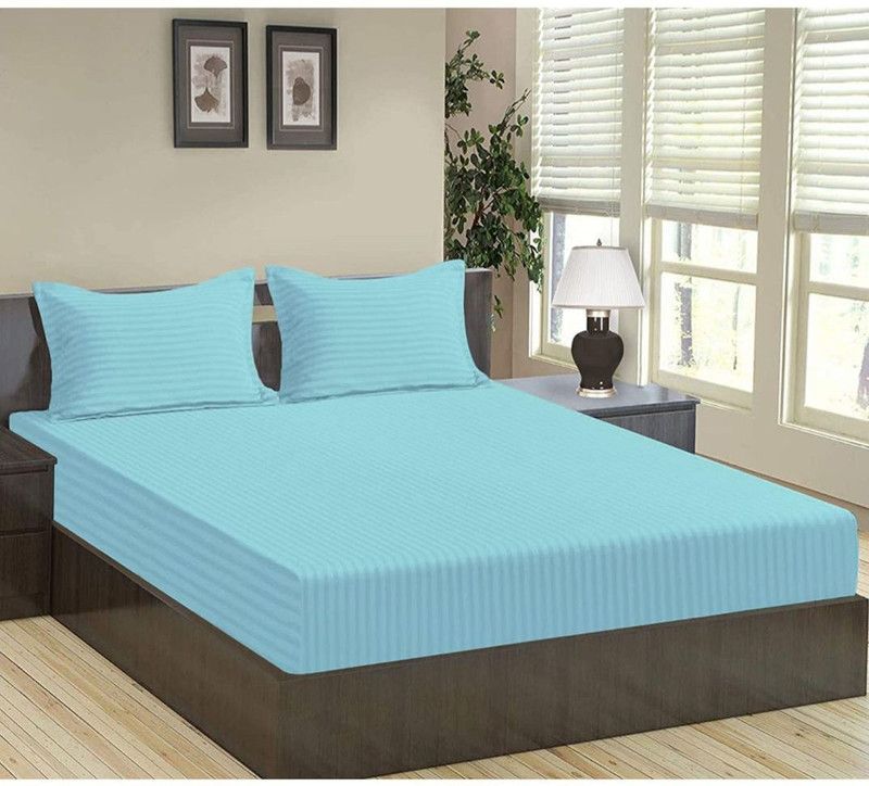 gbl impex 144 TC Microfiber Double Striped Fitted (Elastic) Bedsheet  (Pack of 1, Light Blue)